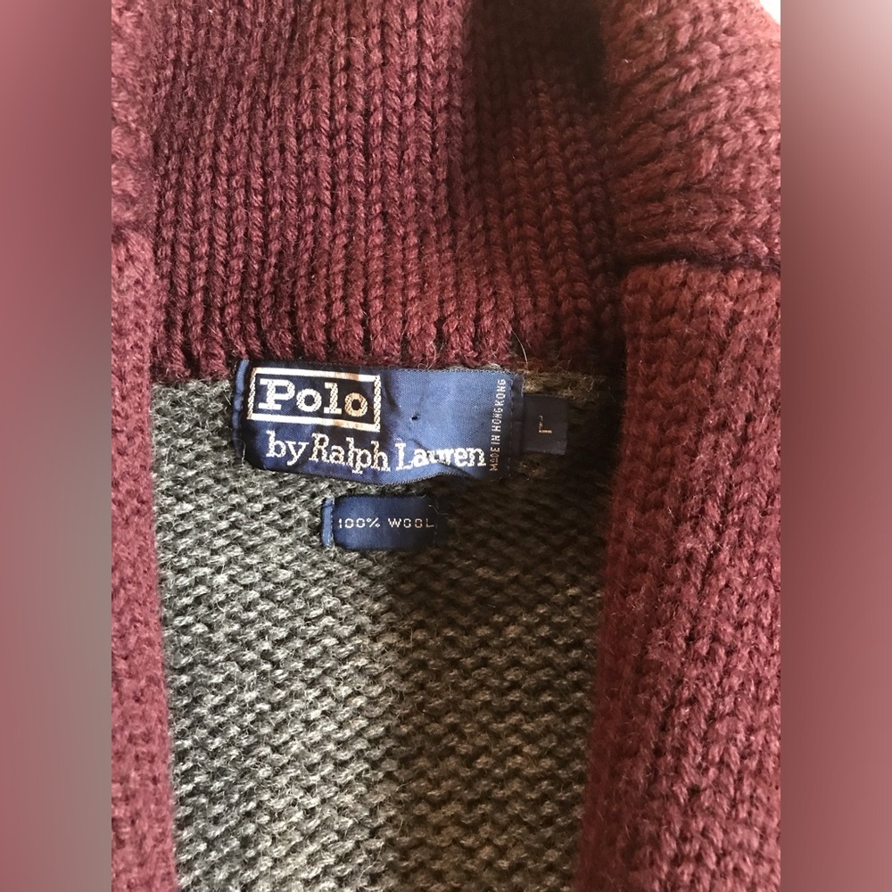 Polo Ralph Lauren Country Estate Gray and Maroon Shawl collar Cardigan - Picture 2 of 16